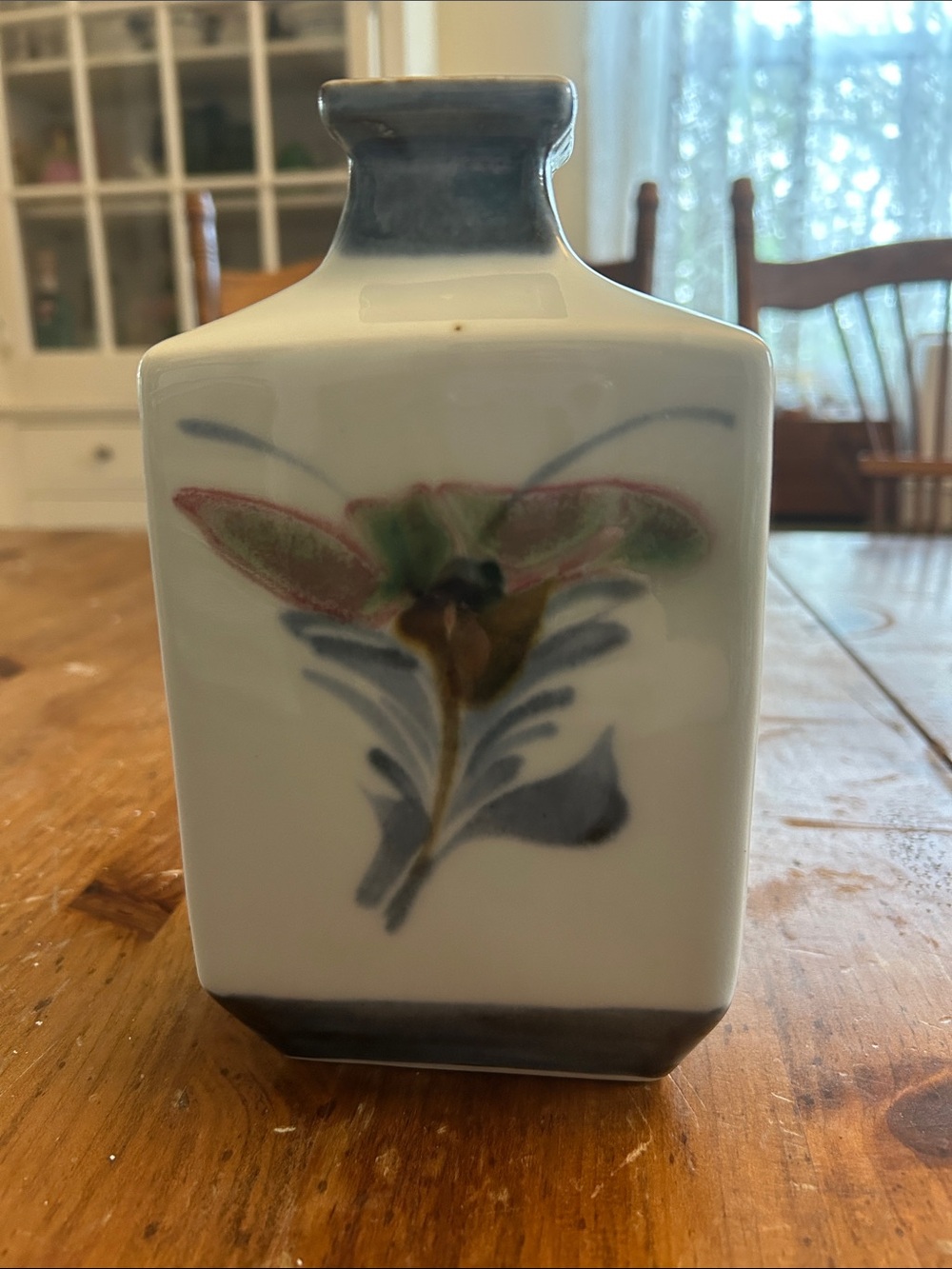 Hand-Painted Floral Porcelain Bud Vase in White and Blue